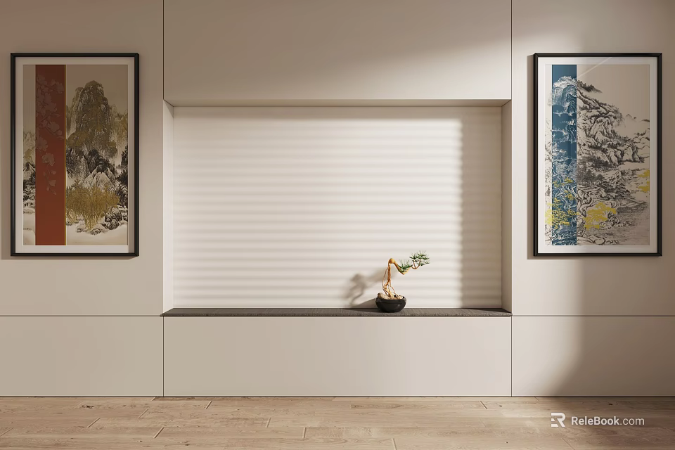 Modern Interior Display Niche With Blinds Potted Plant Artwork And Wooden Floor 3d model 