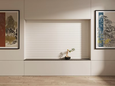 Modern Interior Display Niche With Blinds Potted Plant Artwork And Wooden Floor 3d model