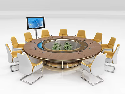 Round Modern Conference Table With Central Green Plants Surrounding White Yellow Chairs And Monitor 3d model