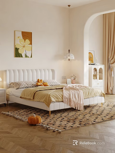 Elegant Cream White Upholstered Double Bed With Soft Bedding For Warm Cozy Aesthetic Bedroom Interior 3d model 
