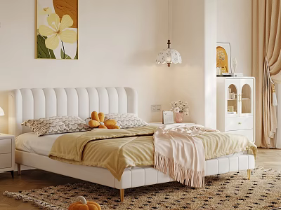 Elegant Cream White Upholstered Double Bed With Soft Bedding For Warm Cozy Aesthetic Bedroom Interior 3d model