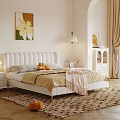 Elegant Cream White Upholstered Double Bed With Soft Bedding For Warm Cozy Aesthetic Bedroom Interior