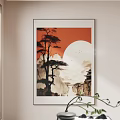 Traditional Chinese Landscape Painting With Red Sky Full Moon Pine Tree Mountain Peaks And Pavilion