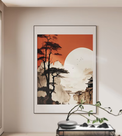 Traditional Chinese Landscape Painting With Red Sky Full Moon Pine Tree Mountain Peaks And Pavilion 3d model