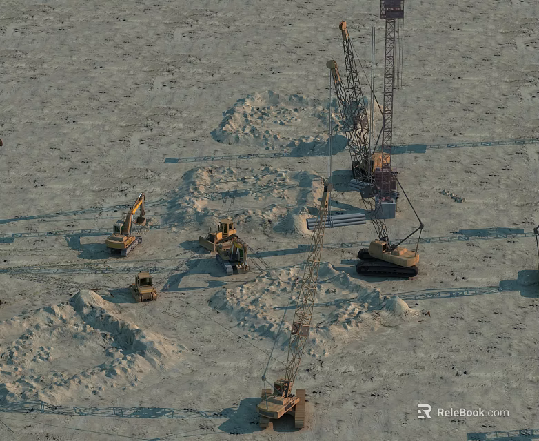 Functional Construction Vehicles Operating At Sand Site With Cranes And Excavators 3d model 