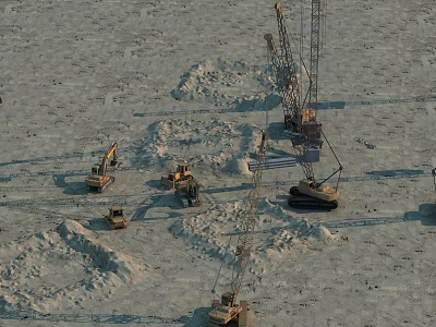 Functional Construction Vehicles Operating At Sand Site With Cranes And Excavators 3d model