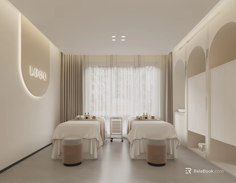 Modern SPA Sauna Interior Design With Massage Beds Light Curtains And Illuminated Logo 3d model 