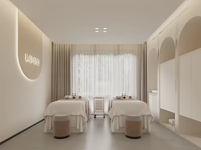 Modern SPA Sauna Interior Design With Massage Beds Light Curtains And Illuminated Logo 3d model