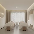 Modern SPA Sauna Interior Design With Massage Beds Light Curtains And Illuminated Logo