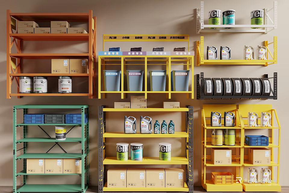 Various Colored Display Shelves With Organized Cans Boxes Buckets And Bottles Arrangement 3d model 