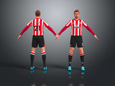 Men in Red White Striped Jerseys with Number 21 Black Shorts Blue Shoes Front Back 3d model