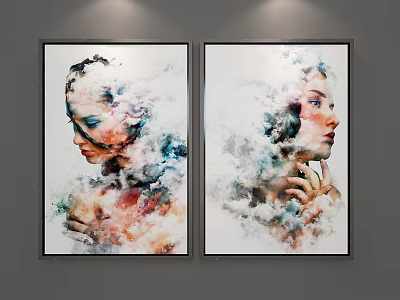 Two Abstract Portrait Paintings With Colorful Smoke Effect Hanging On Gray Wall 3d model