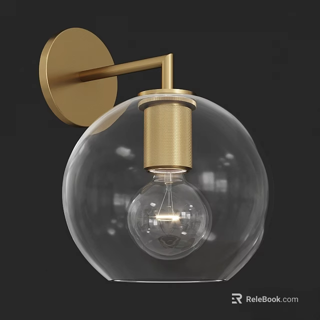 Modern Brass Wall Sconce with Transparent Glass Globe Shade and Light Bulb 3d model 