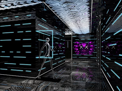 Futuristic Elevator Hallway With Blue Lines Purple Lighting Sleek Floor And Human Silhouette 3d model