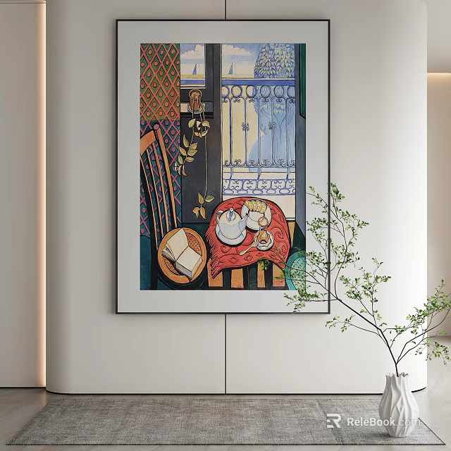 Abstract Painting Interior Scene with Vibrant Colors Table Objects Window and Chairs 3d model