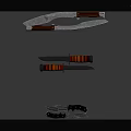 Different Weapons Types Including Curved Blade Knife With Red Black Handle and Folding Knife