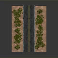 Scenic Landscape With Asphalt Road Yellow Lines Green Trees Brown Ground And Gray Structures
