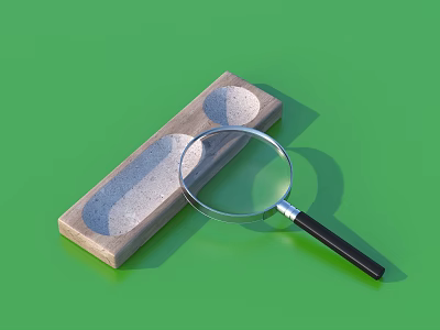 Wooden Rectangular Household Item With Two Circular Grooves And Magnifying Glass On Green Background 3d model