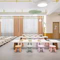 Bright Kindergarten Classroom Interior With Arranged Beds Tables Chairs And Bookshelves