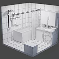 Cartoon Bathroom Scene With Bathtub Shower Rod Towels Mirror Sink And Washing Machine