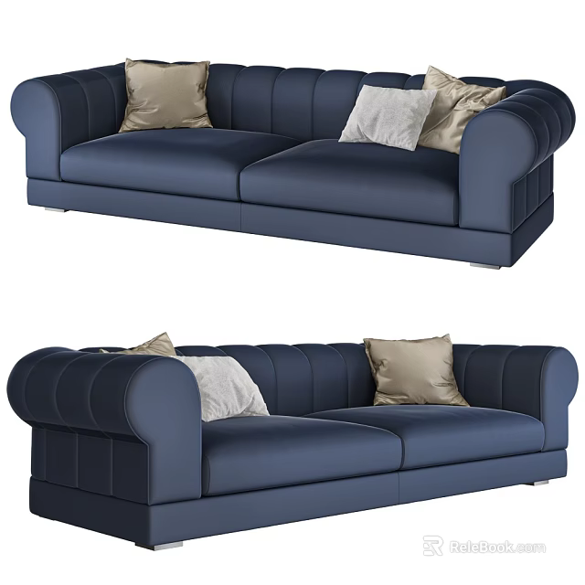 Comfortable Blue Leather Large Sofa with Beige and White Decorative Pillows 3d model