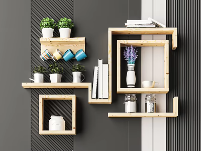 Wooden Wall Cabinets with Green Plants Mugs Books Vase and Jars in Modern Home Interior 3d model