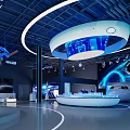 Futuristic Space Themed Exhibition Hall With Rocket Models Starry Ceiling And Interactive Displays 3d model