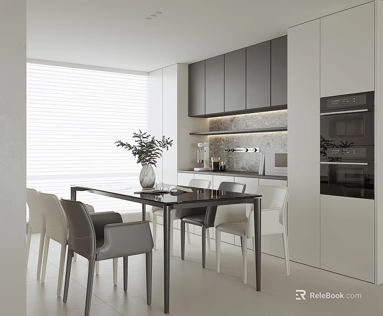 Modern Restaurant Interior Design With Open Concept Dining Table Chairs Cabinets And Appliances 3d model