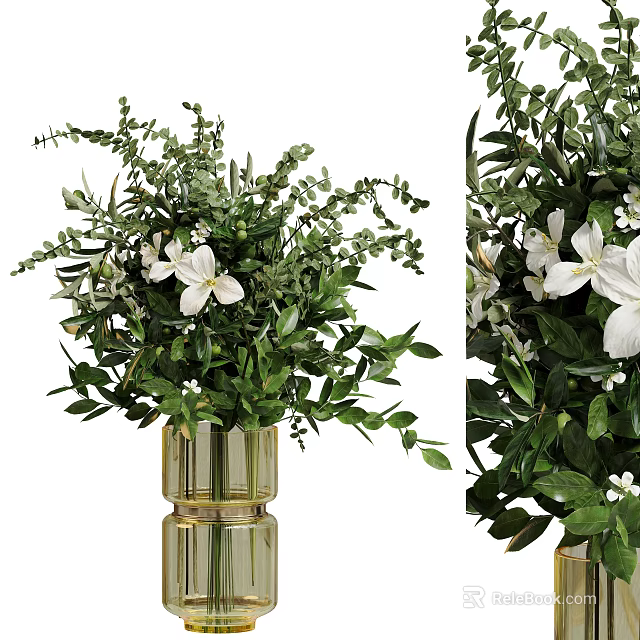 Decorative Potted Plant With Lush Green Foliage And White Flowers In Golden Vase 3d model 