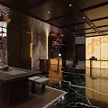 Elegant Hotel Lobby Interior With Black Marble Flooring Brass Reception Desk And Ornate Chandeliers