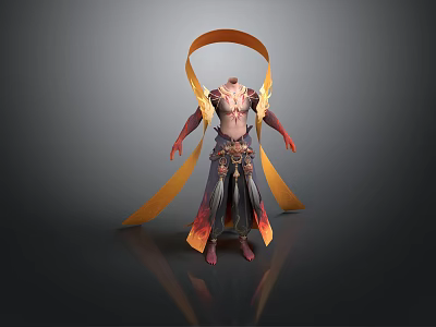 Headless Anime Character Model With Red Arms Flame Pattern Pants And Orange Ribbon 3d model