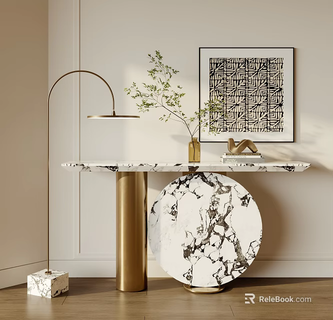 Modern Console Table With Marble Top Brass Base And Decorative Plant Artwork 3d model