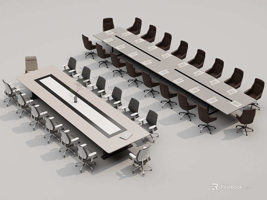 Modern Office Conference Table With Long Rectangular Design And Black Wheeled Chairs 3d model 