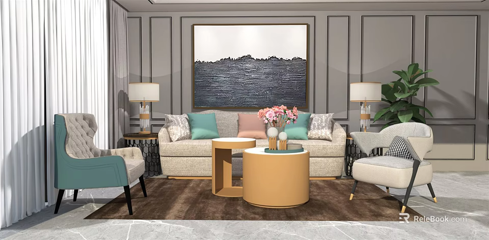 Modern Sofa and Coffee Table Set Interior With Green Pillows Wall Art and Table Lamps 3d model 