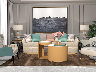 Modern Sofa and Coffee Table Set Interior With Green Pillows Wall Art and Table Lamps 3d model