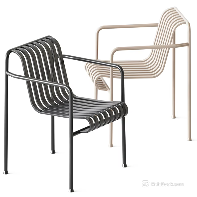 Modern Single Chair With Metal Frame Striped Seat Backrest Black Beige 3d model 