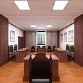Traditional Courtroom Interior Design With Judge's Bench Wooden Seats Wall Posters And Ceiling Lights