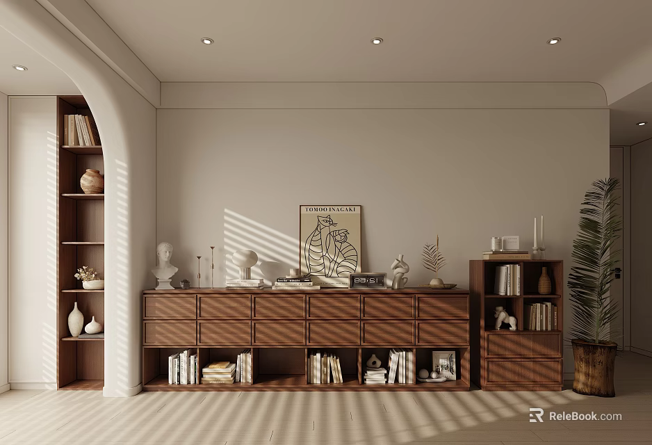 Stylish TV Stand in Living Room with Bookshelves Books Decorations Artwork And Sunlight 3d model 