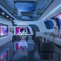 Modern Futuristic KTV Interior With Neon Lights Displays And Reflective Floor
