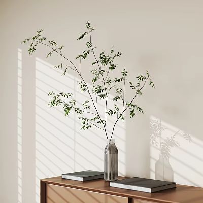 Bonsai Plant with Green Foliage in Gray Vase on Wooden Table Against Window Blind Shadows 3d model