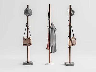 Wooden Coat Racks With Hats Bags And Gray Coat For Home Decor 3d model