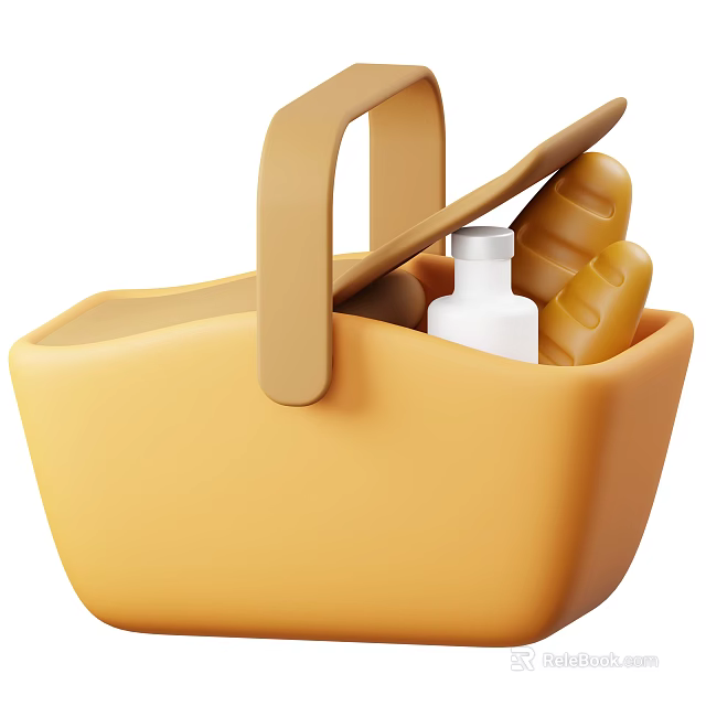 Yellow Picnic Basket With Open Lid Holding Fresh Bread Loaves And White Bottle 3d model 