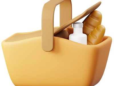 Yellow Picnic Basket With Open Lid Holding Fresh Bread Loaves And White Bottle 3d model