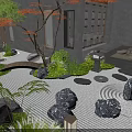 Japanese Courtyard Garden Design Featuring Stones Green Plants Trees And Stone Lantern