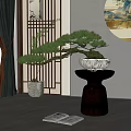 Chinese Style Pine Bonsai Plant on Wooden Stand with Decorative Screen and Wall Painting