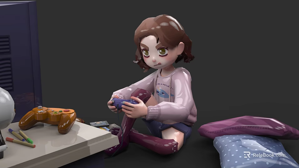 Young Woman Playing Video Game With Controller Near Snacks Pillow And Table 3d model 