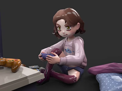 Young Woman Playing Video Game With Controller Near Snacks Pillow And Table 3d model