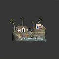 Cute Cartoon Island Scene Featuring Small Houses Palm Trees Boat And Pink Flowers