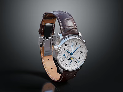 Classic Leather Strap Watch With Stainless Steel Case And Silver Moon Phase Dial 3d model