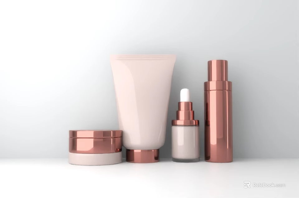 Chic Perfume Cosmetics Set With Pink Copper Lotion Serum Bottles And Cream Jars 3d model 